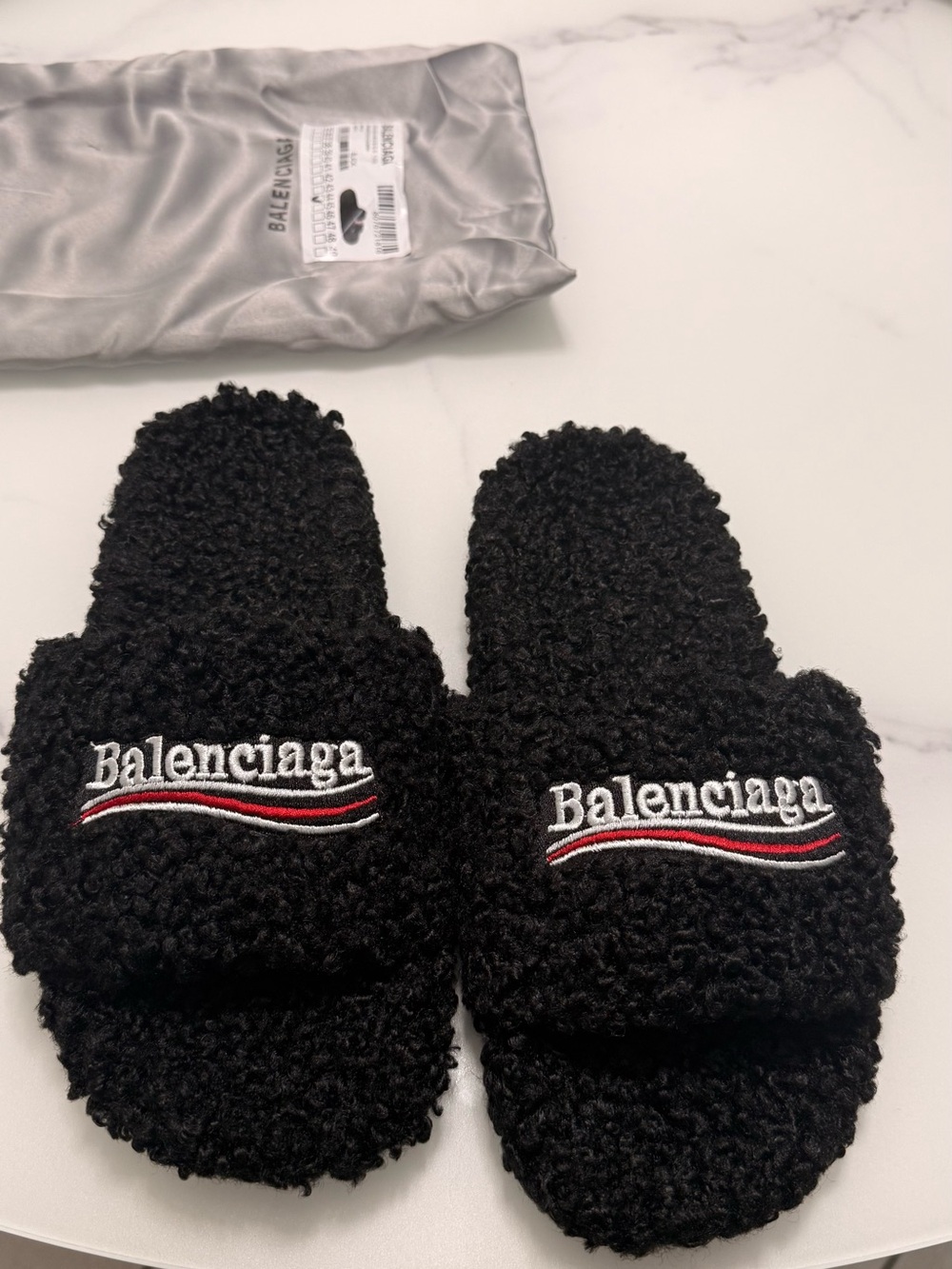 Balenciaga Black Sherpa Slide Sandals with Red & White Logo Stripe - Picture 3 of 7
